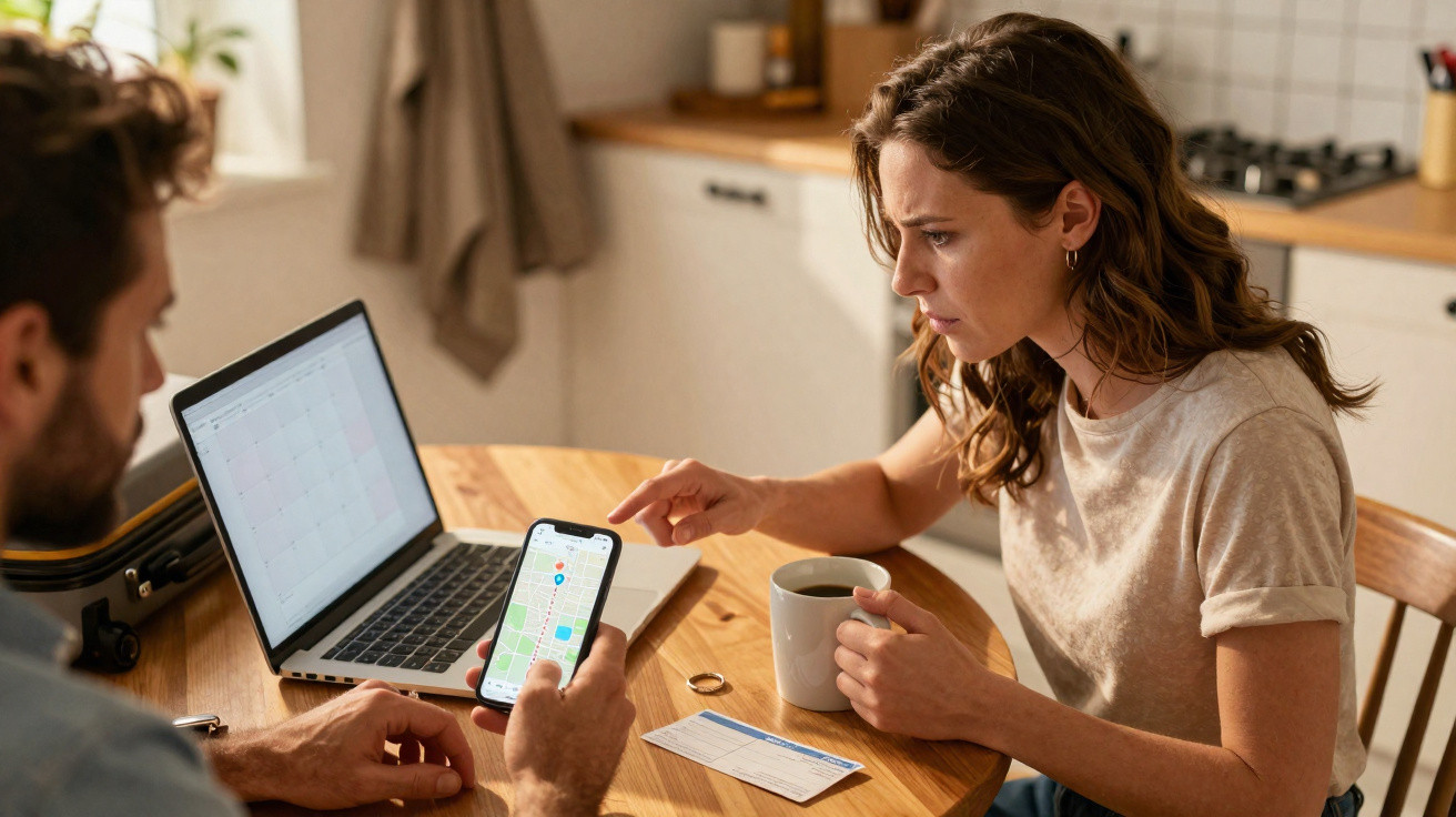 Casal sentado à mesa a usar telemóvel e laptop, mulher segura caneca e aponta para o ecrã do telemóvel.