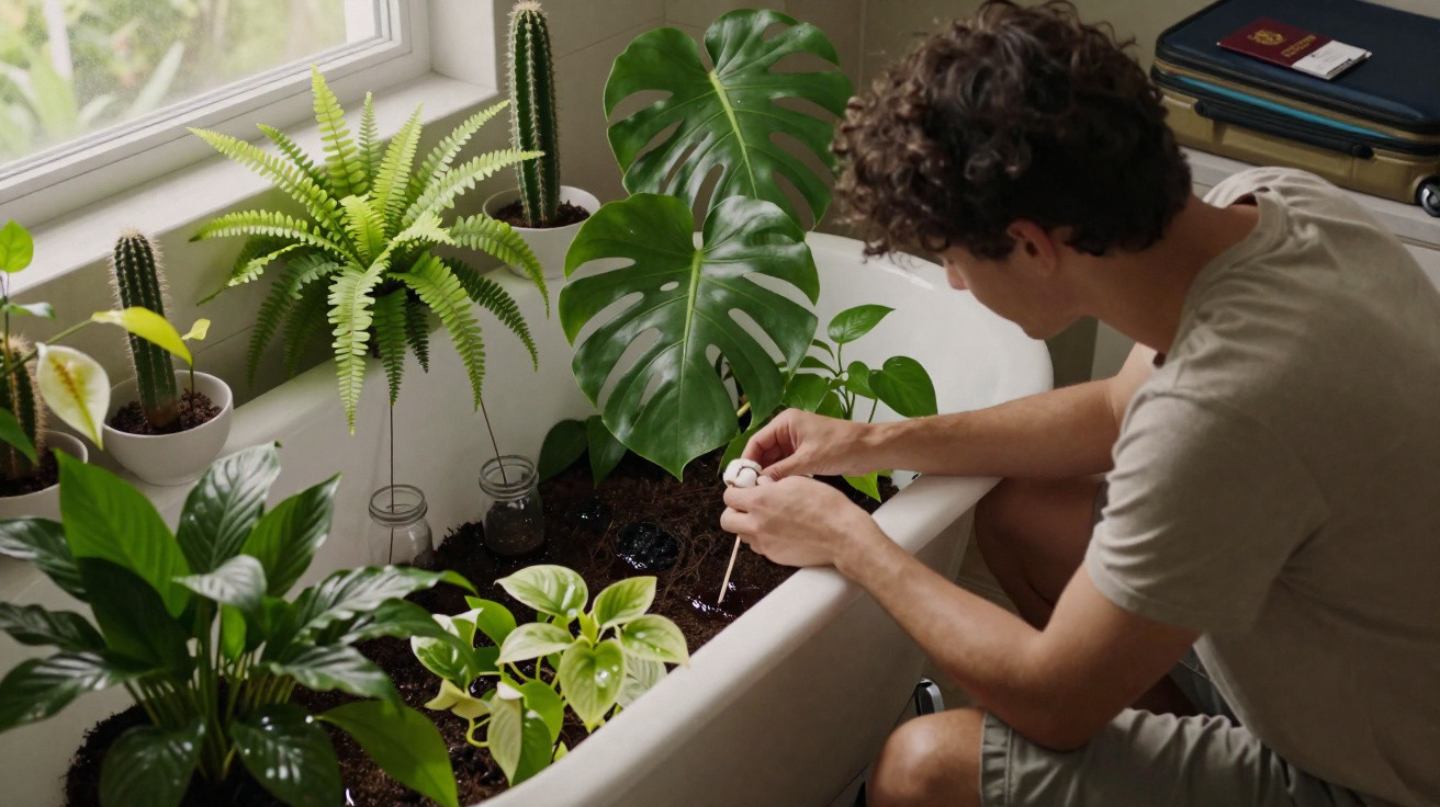 Homem a cuidar de várias plantas dentro de uma banheira junto a uma janela iluminada.