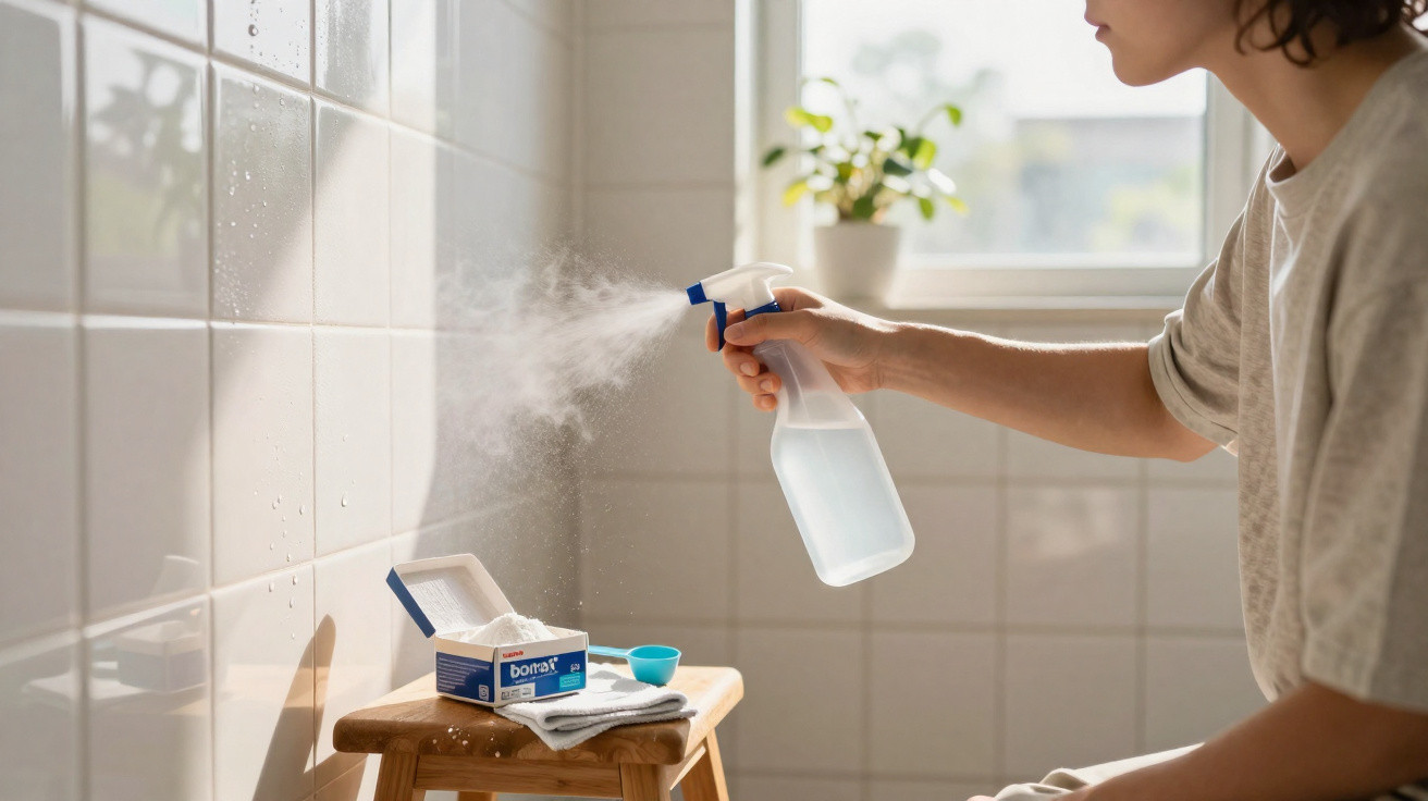 Pessoa a pulverizar solução de limpeza em azulejos brancos dentro de casa, com luz natural da janela.