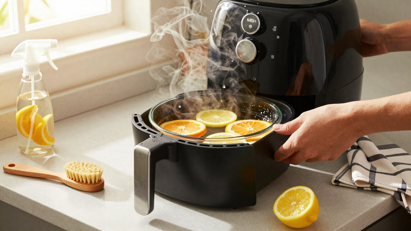 Máquina de cozinha a vapor com fatias de laranja e limão, mãos a manusear o aparelho numa bancada.