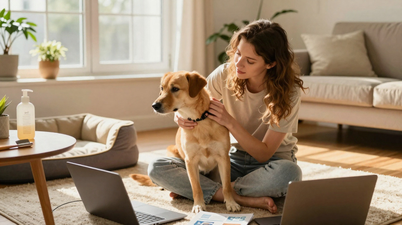 Mulher sentada no chão com um cão, rodeada por dois portáteis e documentos numa sala iluminada.
