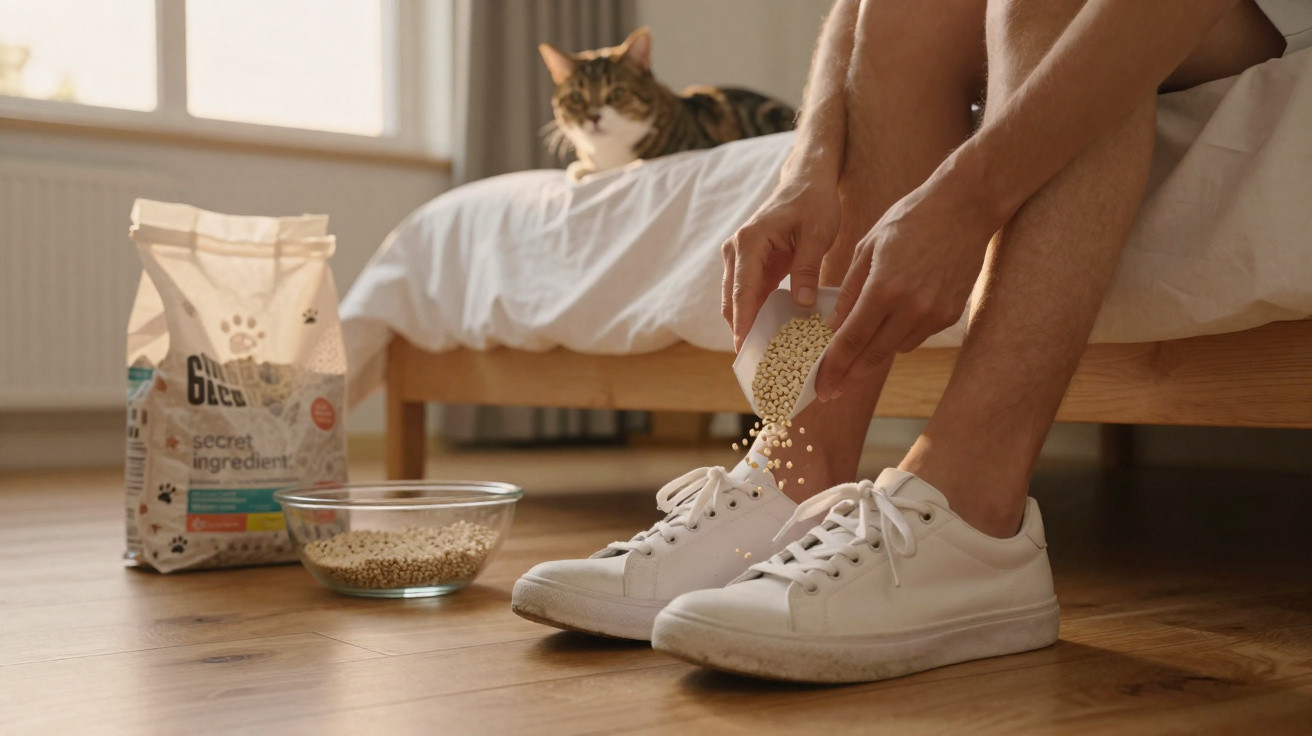 Pessoa sentada na cama a despejar comida para gato num prato, com um gato deitado ao fundo.