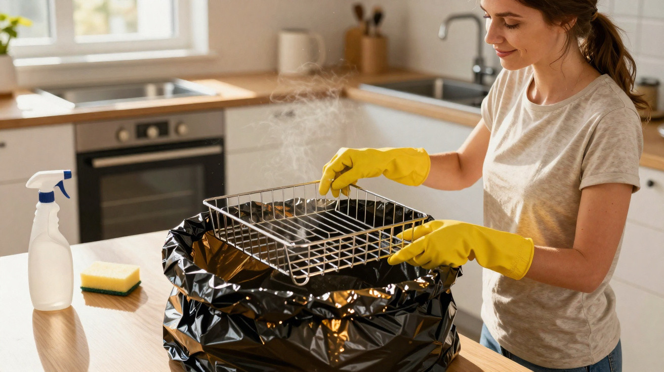 Mulher a remover grelha de forno fumegante para saco do lixo na cozinha.