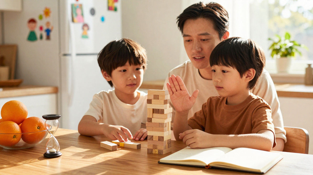 Pai e dois filhos a jogar Jenga na mesa de cozinha com várias laranjas e um livro aberto à frente.