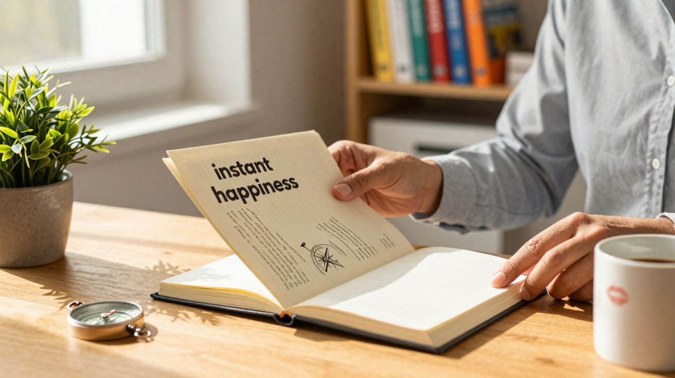 Pessoa a folhear um livro com a frase "instant happiness" numa mesa com caneca, bússola e planta.
