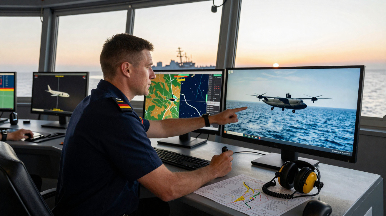 Homem em uniforme naval operando radares e atento a imagem de um avião em monitores no meio do oceano.