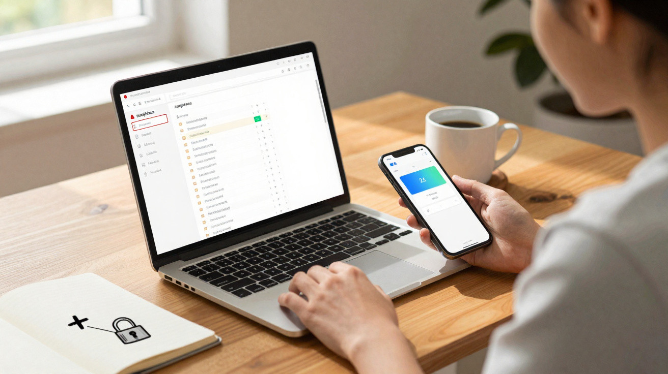 Pessoa a usar computador portátil e smartphone numa mesa de madeira com chá e caderno ao lado.