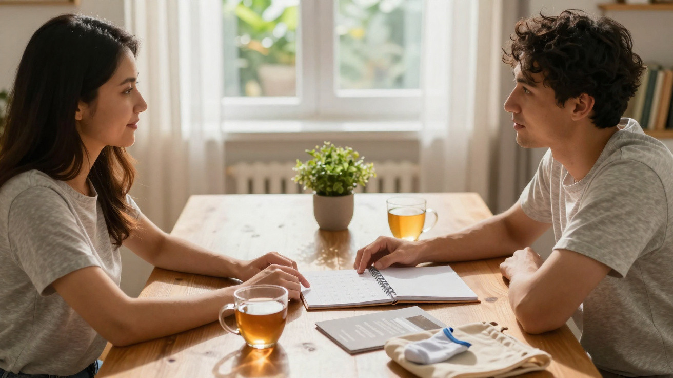 Duas pessoas sentadas à mesa a conversar, com chá e caderno numa sala iluminada por janela.