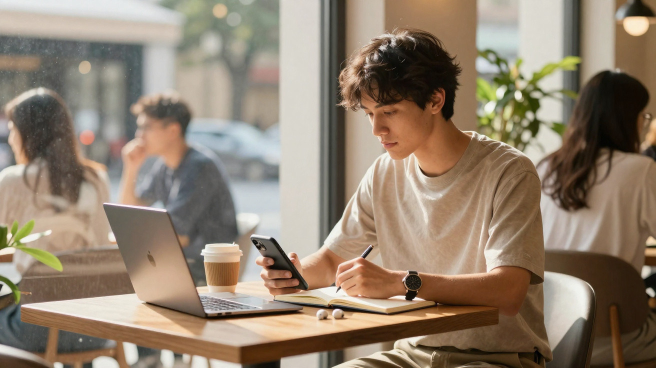 Jovem sentado num café, a usar telemóvel e a escrever num caderno, com computador portátil e café na mesa.