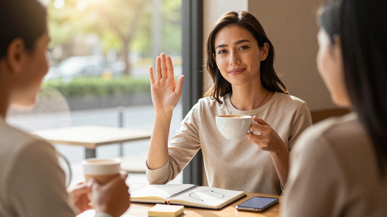 Mulher a cumprimentar e a segurar chávena de café, sentada numa mesa com duas pessoas num café.