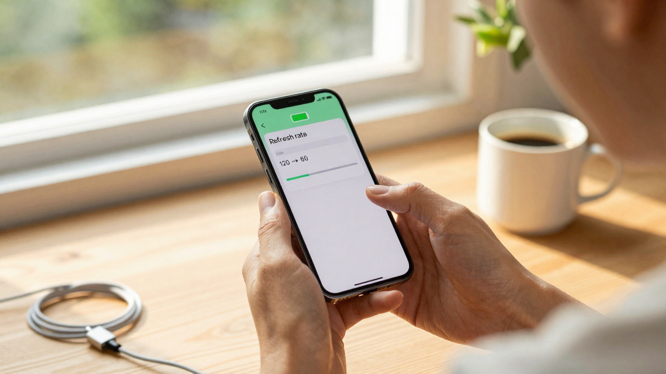 Pessoa a ajustar a frequência de atualização do ecrã num smartphone junto a uma janela com copo de café.