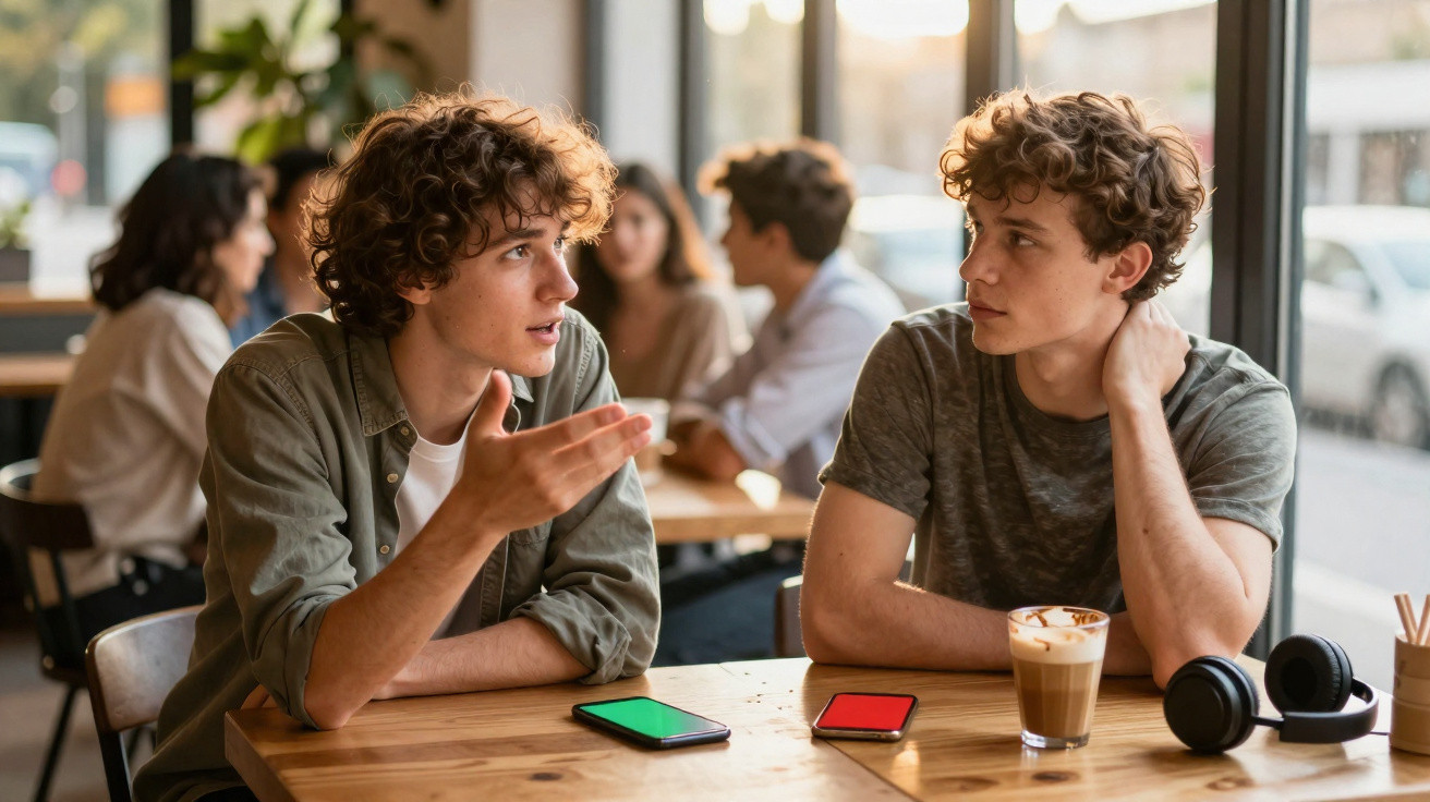 Dois jovens conversam sentados numa mesa de café com telemóveis e uma bebida à frente.