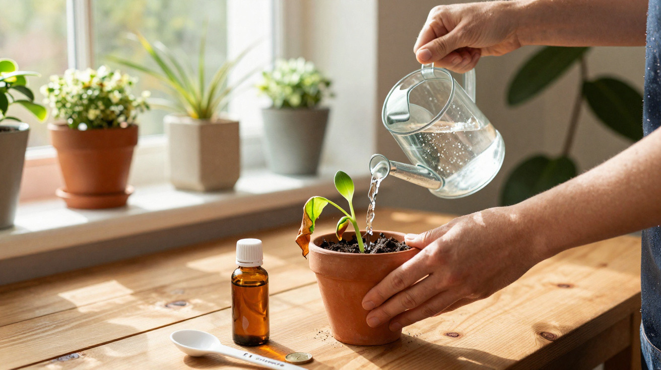 Pessoa a regar planta pequena em vaso de barro dentro de casa, com frasco e colher medidora na mesa de madeira.