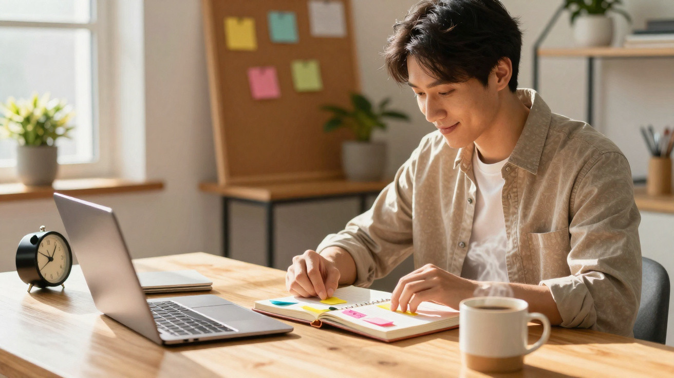 Jovem a estudar com caderno, computador e chá numa mesa iluminada por luz natural num ambiente calmo.