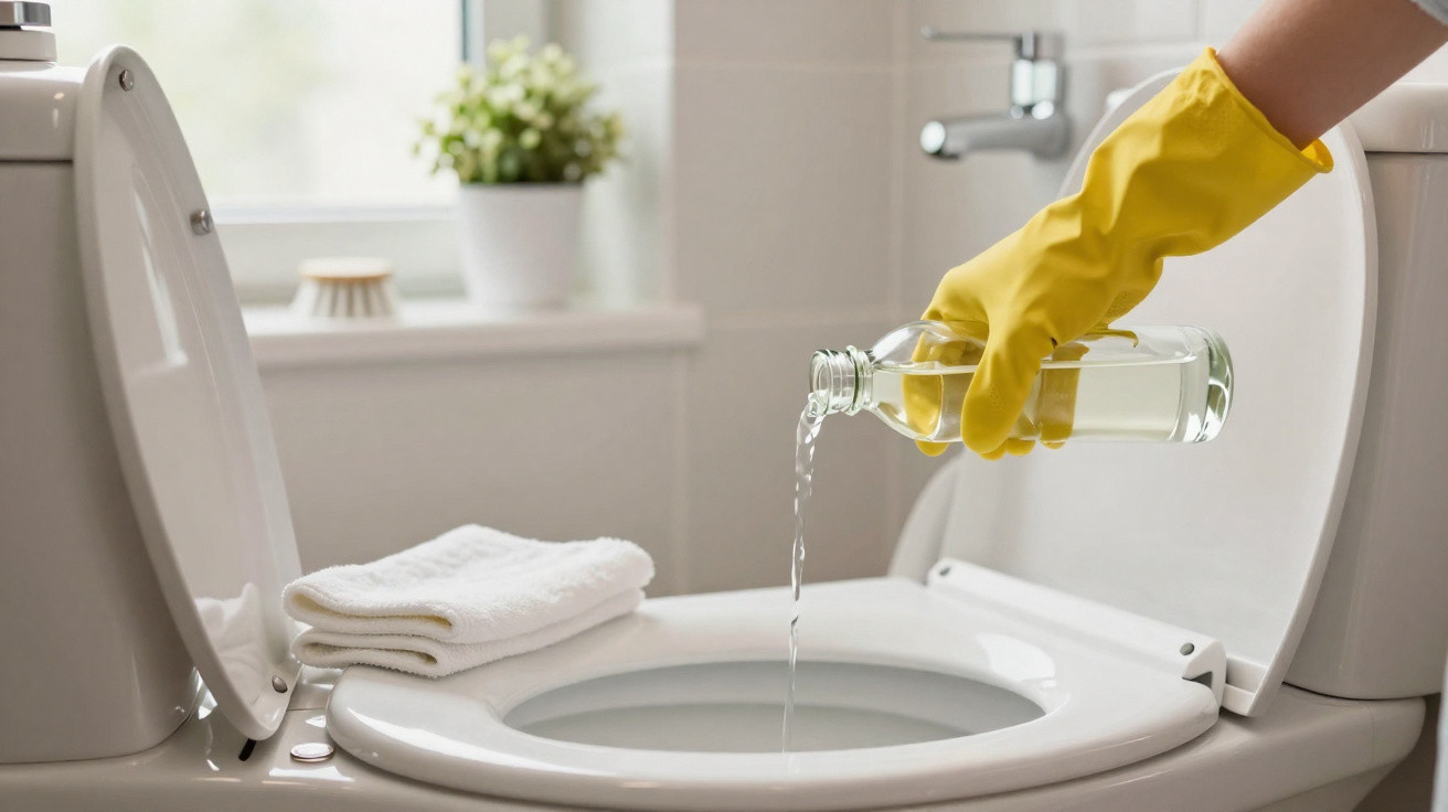 Mão com luva amarela a verter produto de limpeza dentro de sanita branca com toalhas ao lado.