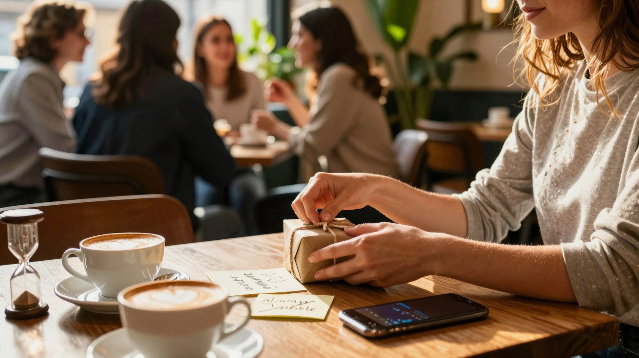 Mulher desembrulhando presente num café com grupo a conversar ao fundo.