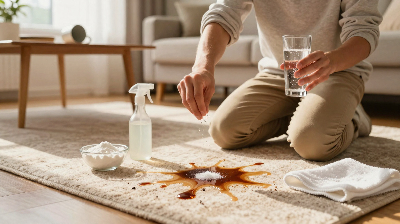 Pessoa a remover nódoa de líquido castanho num tapete com sal e um spray de limpeza.