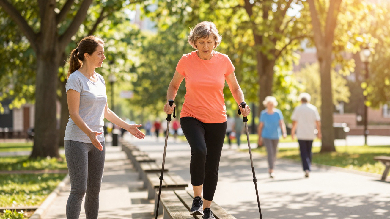 Mulher idosa com bastões de caminhada equilibra-se num banco no parque com outra mulher a ajudar.