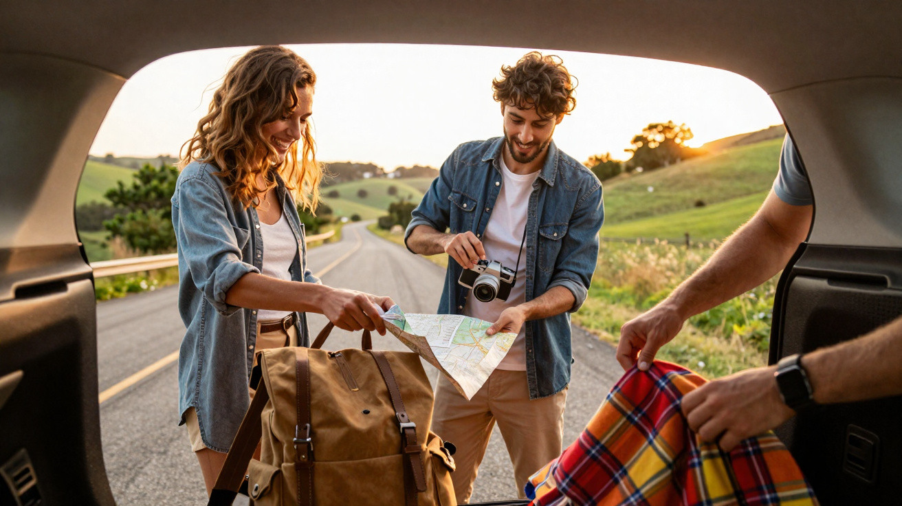 Três pessoas junto à bagageira de um carro numa estrada rural ao pôr do sol, consultando um mapa e preparando uma manta.