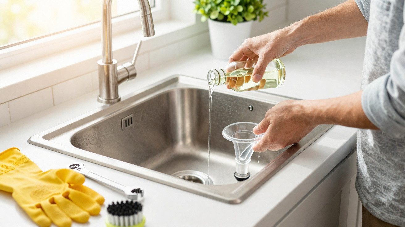 Pessoa a verter óleo de cozinha num funil sobre uma pia de aço inox num ambiente de cozinha.