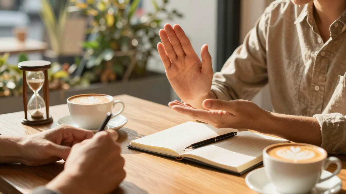 Duas pessoas em reunião com cadernos, café e ampulheta sobre mesa de madeira iluminada por luz natural.
