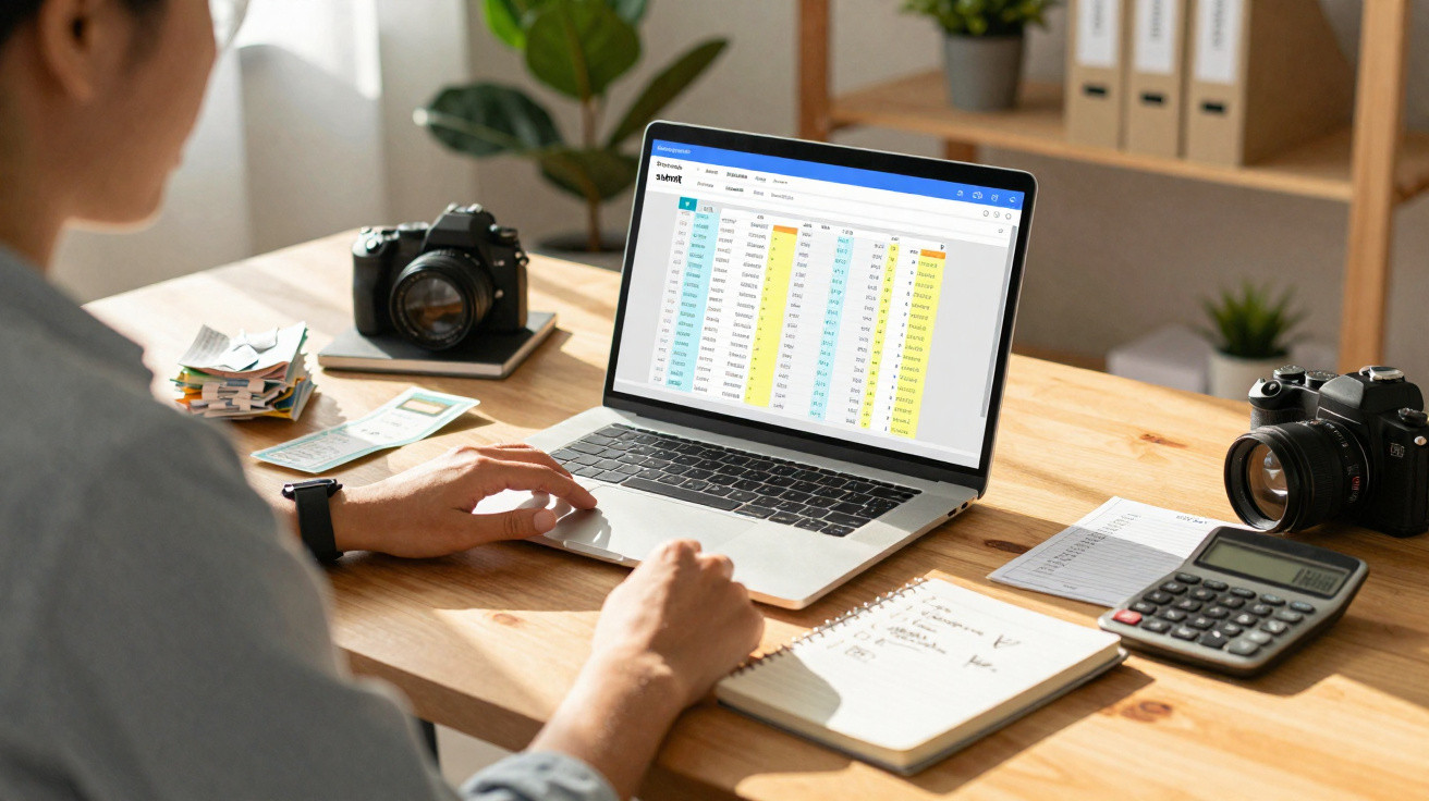 Pessoa a trabalhar num computador portátil com folha de cálculo aberta, máquina fotográfica, calculadora e apontamentos numa 