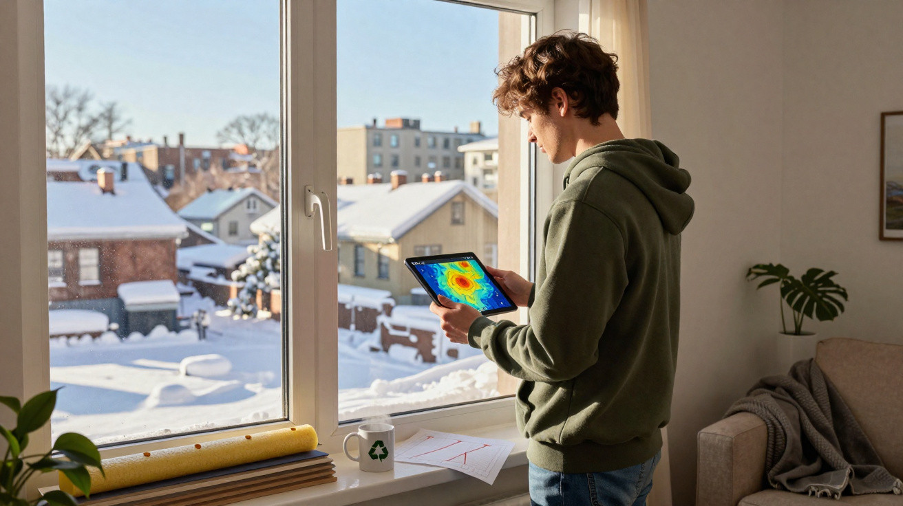 Jovem de camisola verde lê dados meteorológicos num tablet junto a janela com vista para casas cobertas de neve.