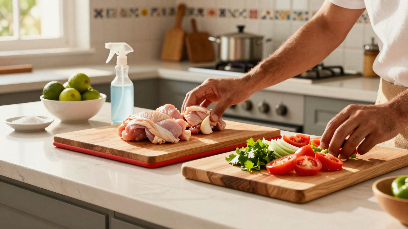 Mãos a preparar frango e legumes frescos numa bancada de cozinha com utensílios ao fundo.