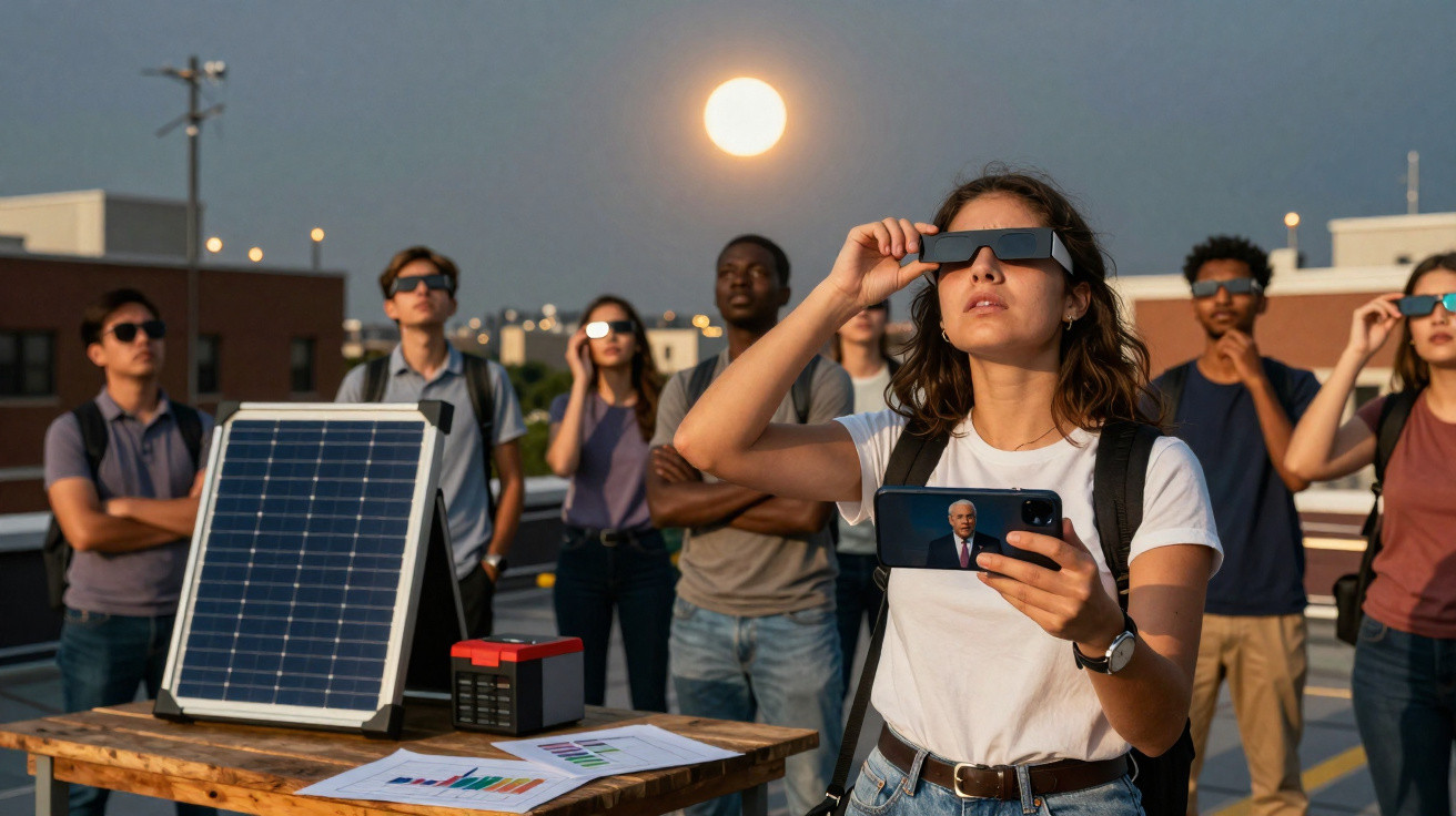 Grupo de jovens a observar eclipse solar com óculos de proteção num terraço ao pôr do sol.