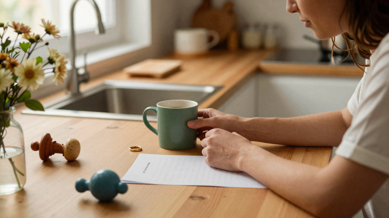 Pessoa sentada à mesa de madeira segurando uma caneca verde, com flores, anel e documentos à frente.