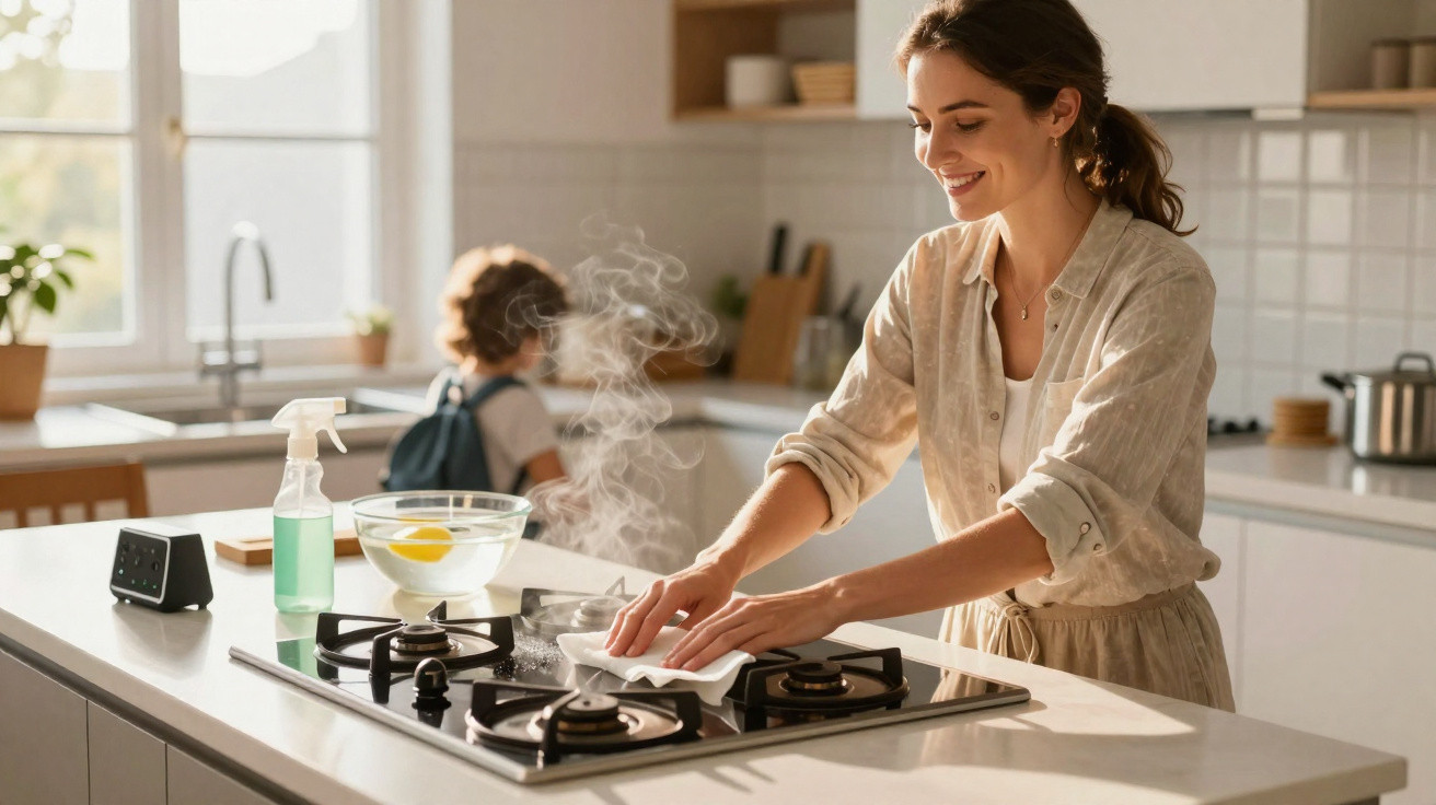 Mulher a limpar placa de fogão a gás numa cozinha moderna enquanto criança está ao fundo.