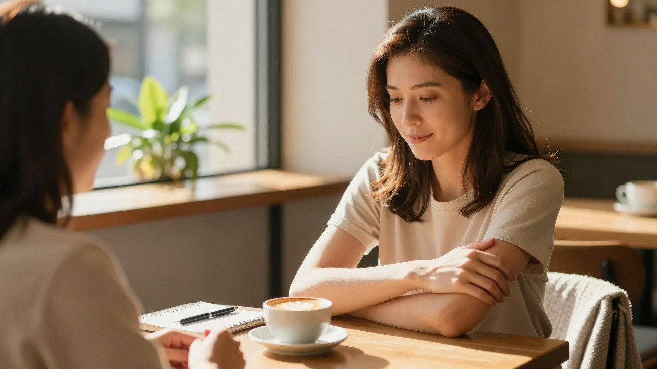 Duas mulheres sentadas numa mesa de café, com bebida quente e bloco de notas à frente.