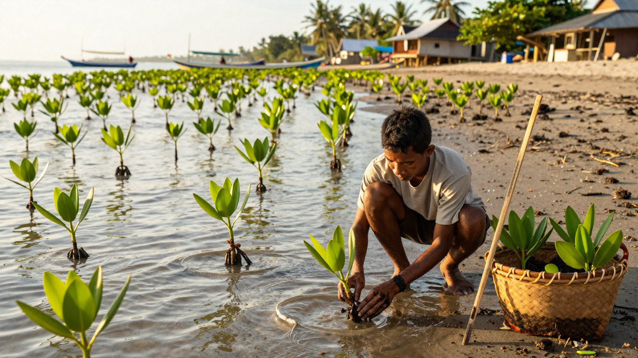 Homem planta mudas de mangue na água perto da praia com cesto cheio de plantas ao lado.