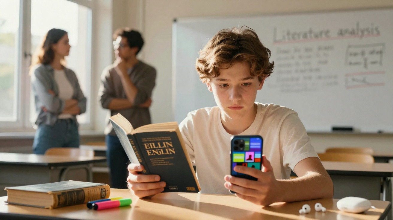 Aluno distraído a olhar para o telemóvel enquanto segura um livro numa sala de aula.