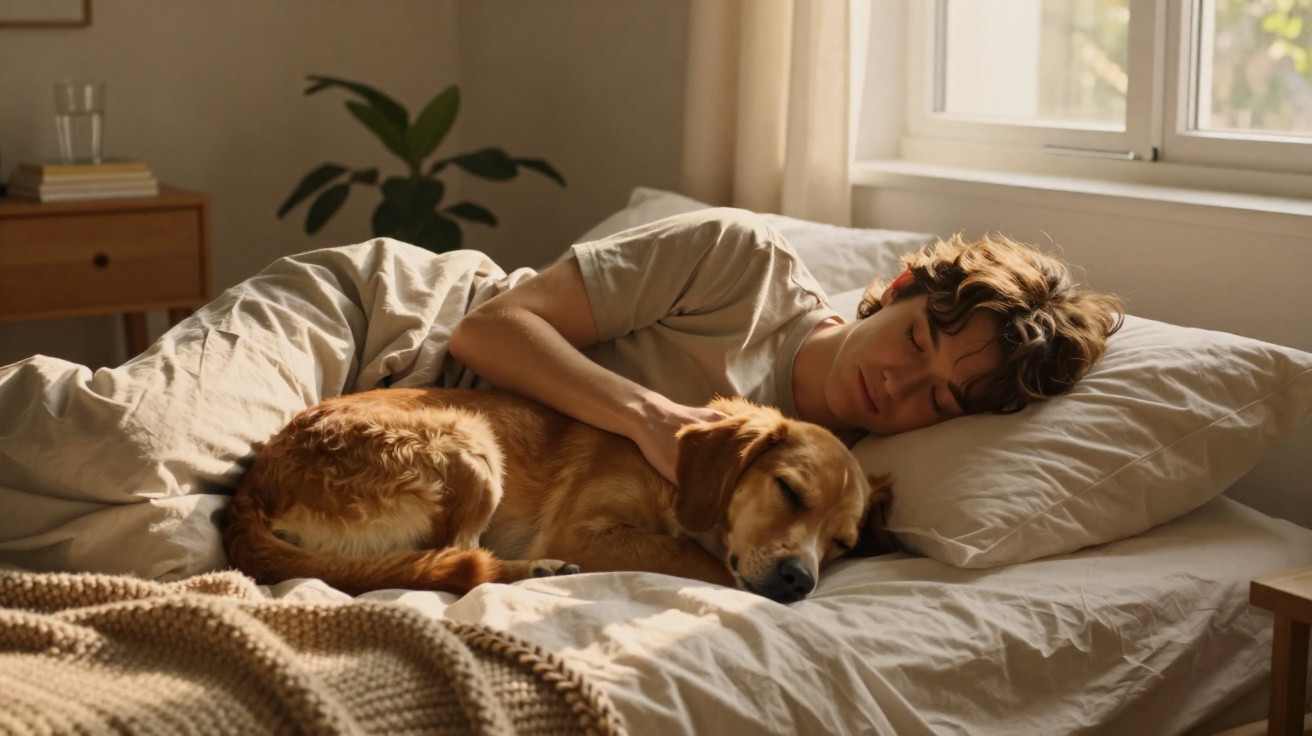 Jovem a dormir na cama, a abraçar um cão dourado, num quarto com luz natural e decoração simples.