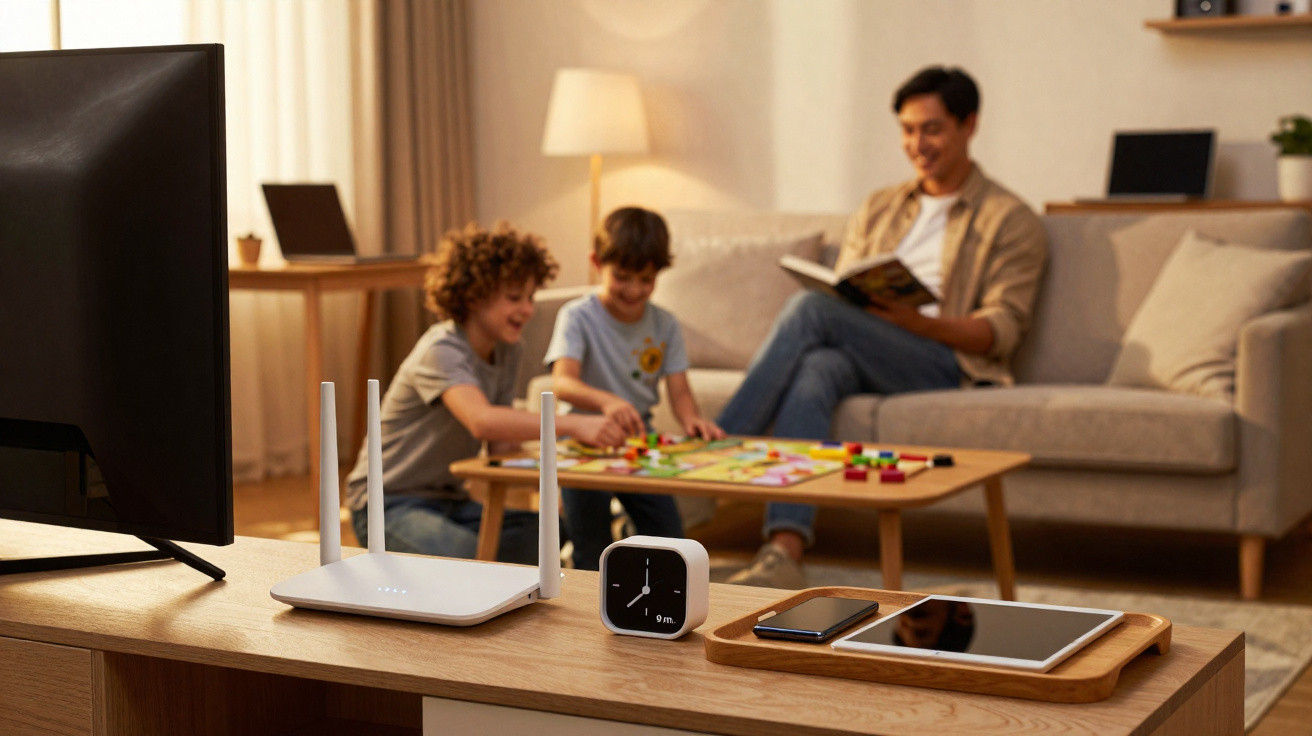 Roteador, relógio, telemóvel e tablet numa mesa com pai e filhos a jogarem num sofá ao fundo.