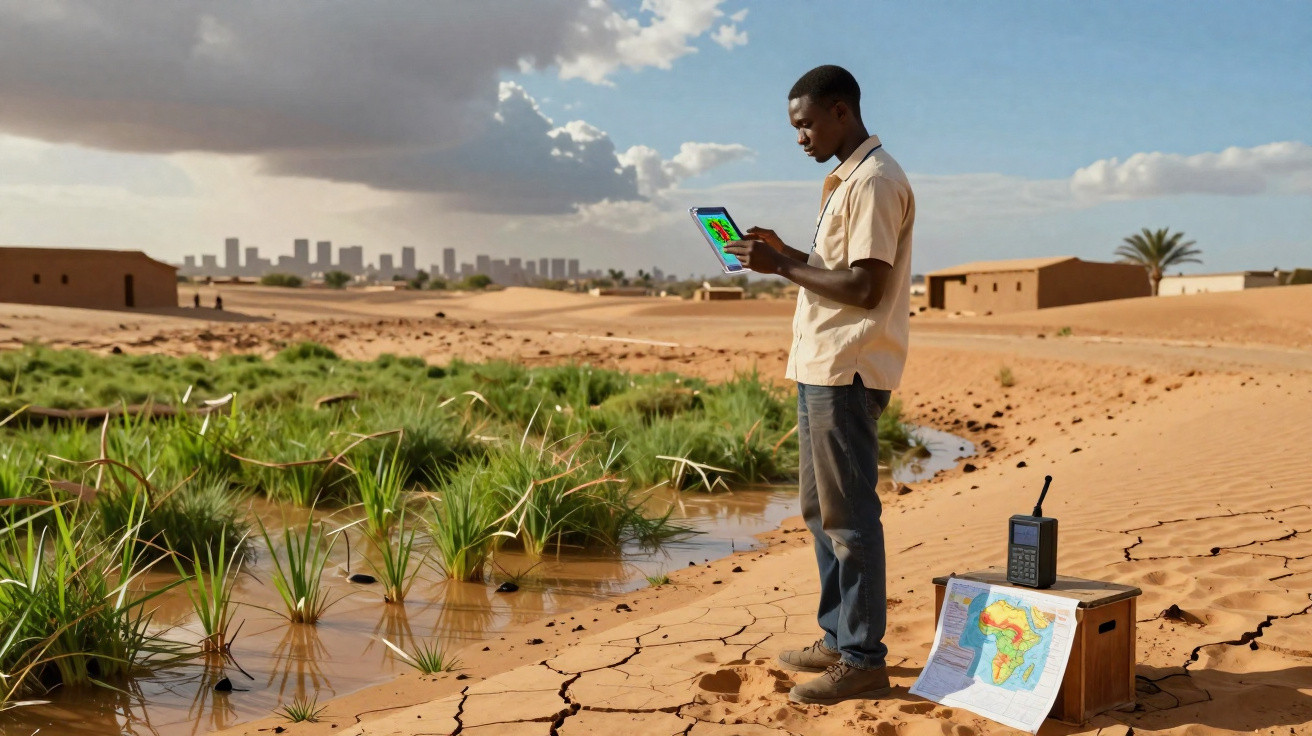 Homem usa tablet para monitorizar plantas verdes em solo árido com mapa e rádio num caixote.