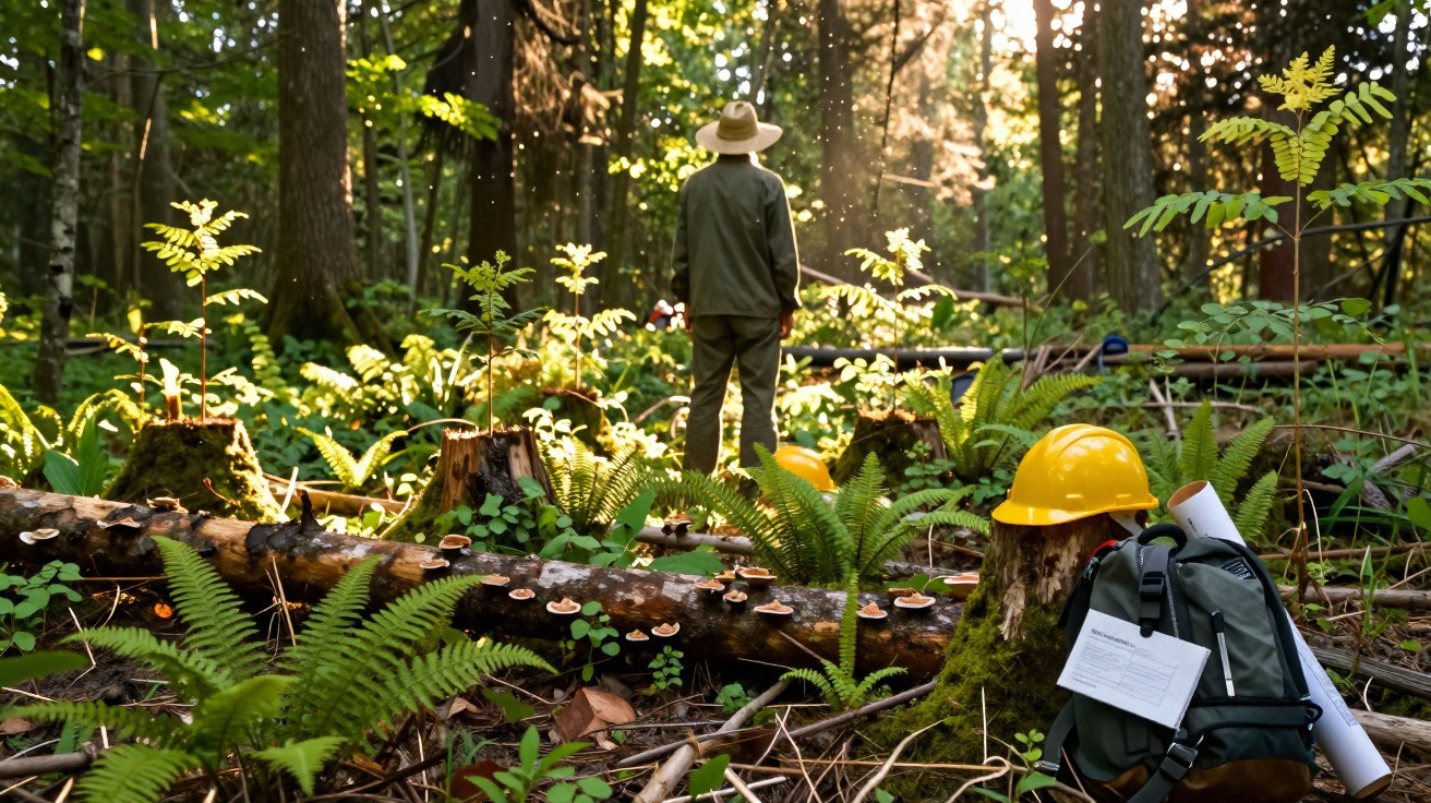 Pessoa com chapéu numa floresta, com capacete amarelo e mochila no chão entre árvores e plantas.