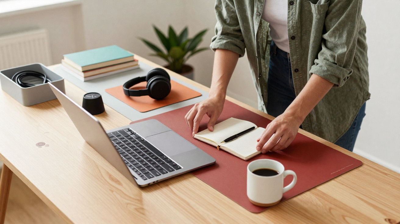 Pessoa a organizar um caderno ao lado de computador portátil, auriculares e chávena de café numa secretária.