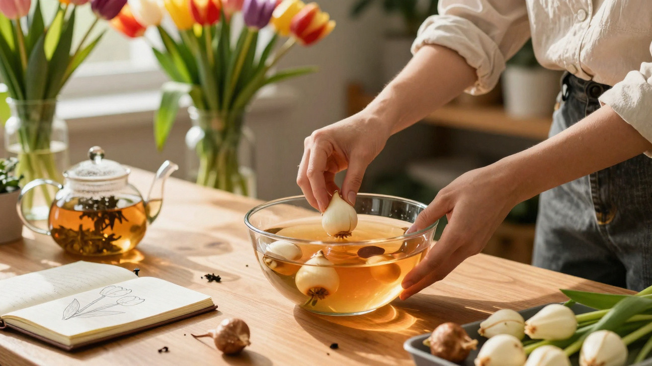 Pessoa a mergulhar bulbos de tulipa em água numa cozinha com flores e chá ao fundo.