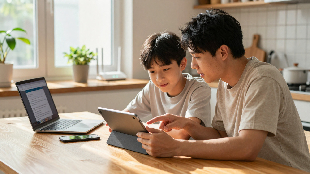 Pai e filho a usar um tablet juntos numa mesa de cozinha com um computador portátil ao lado.
