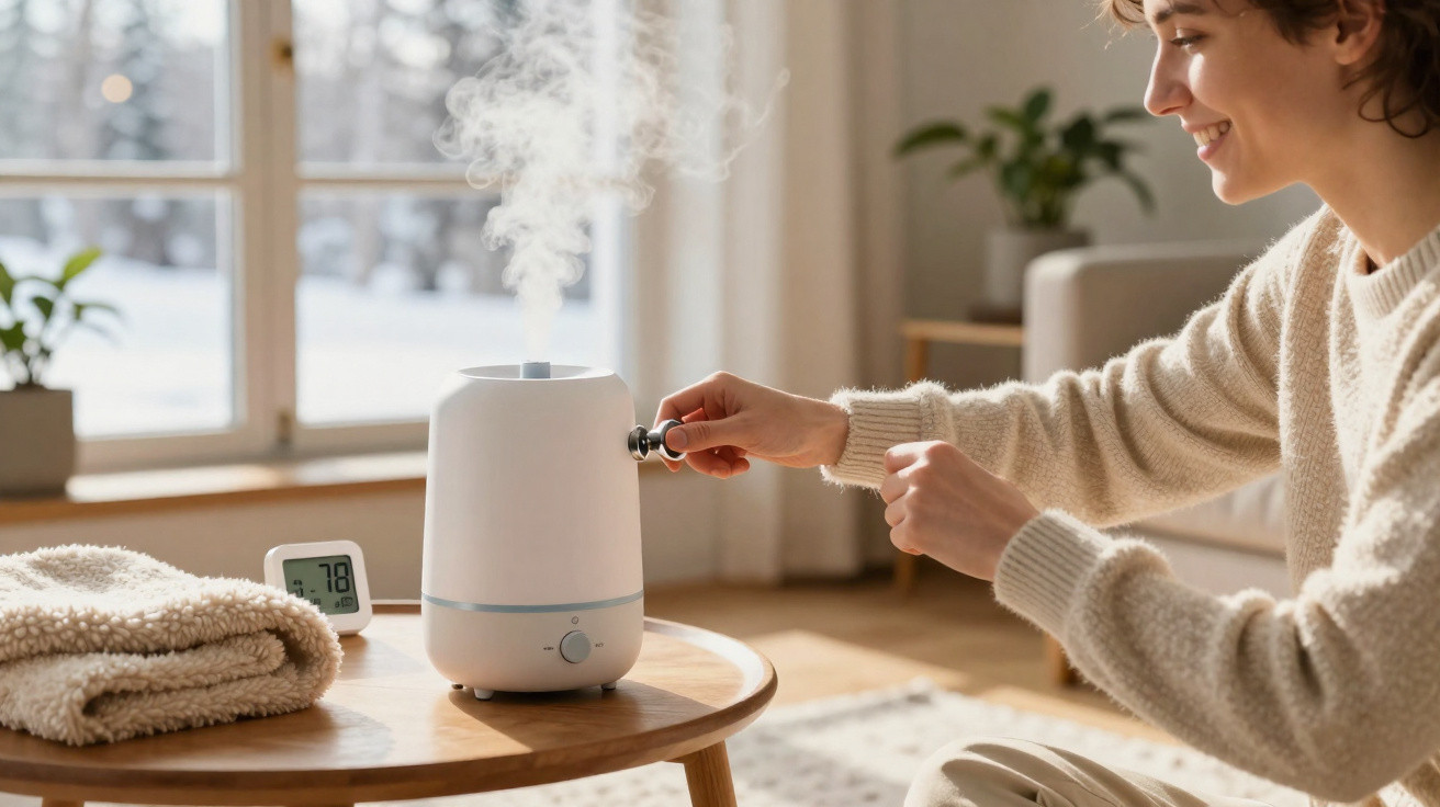 Pessoa a ajustar humidificador branco numa mesa de madeira numa sala iluminada, com toalha e termómetro digital.