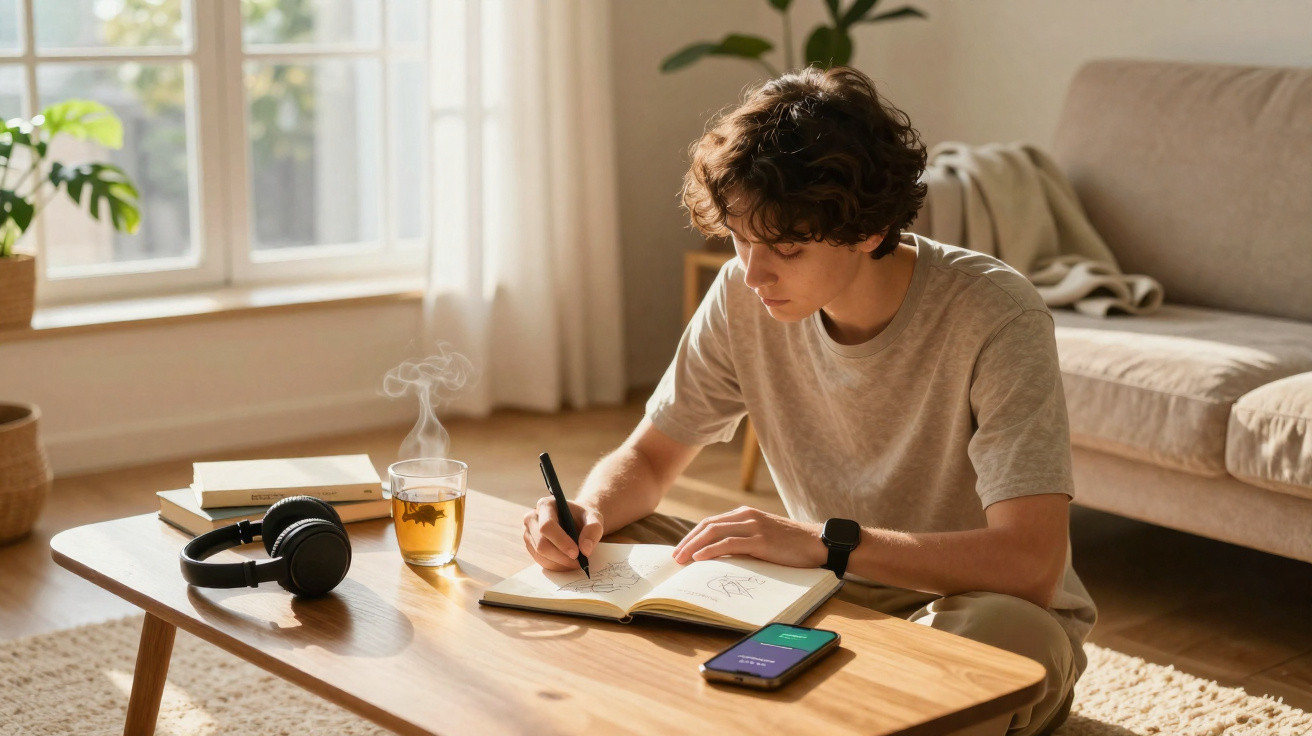 Jovem sentado a escrever num caderno numa sala iluminada, com chá, auscultadores e smartphone numa mesa.