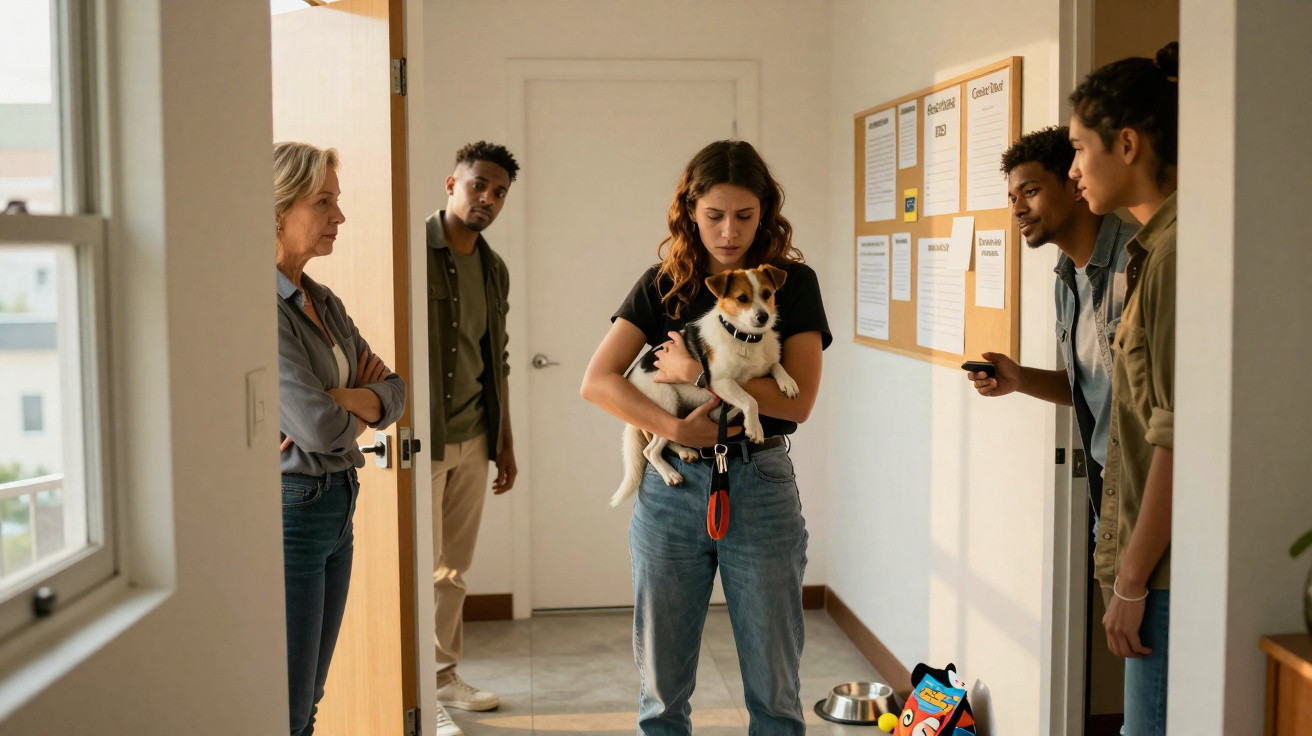 Pessoa com cão pequeno nos braços rodeada por quatro outras pessoas num corredor interior.