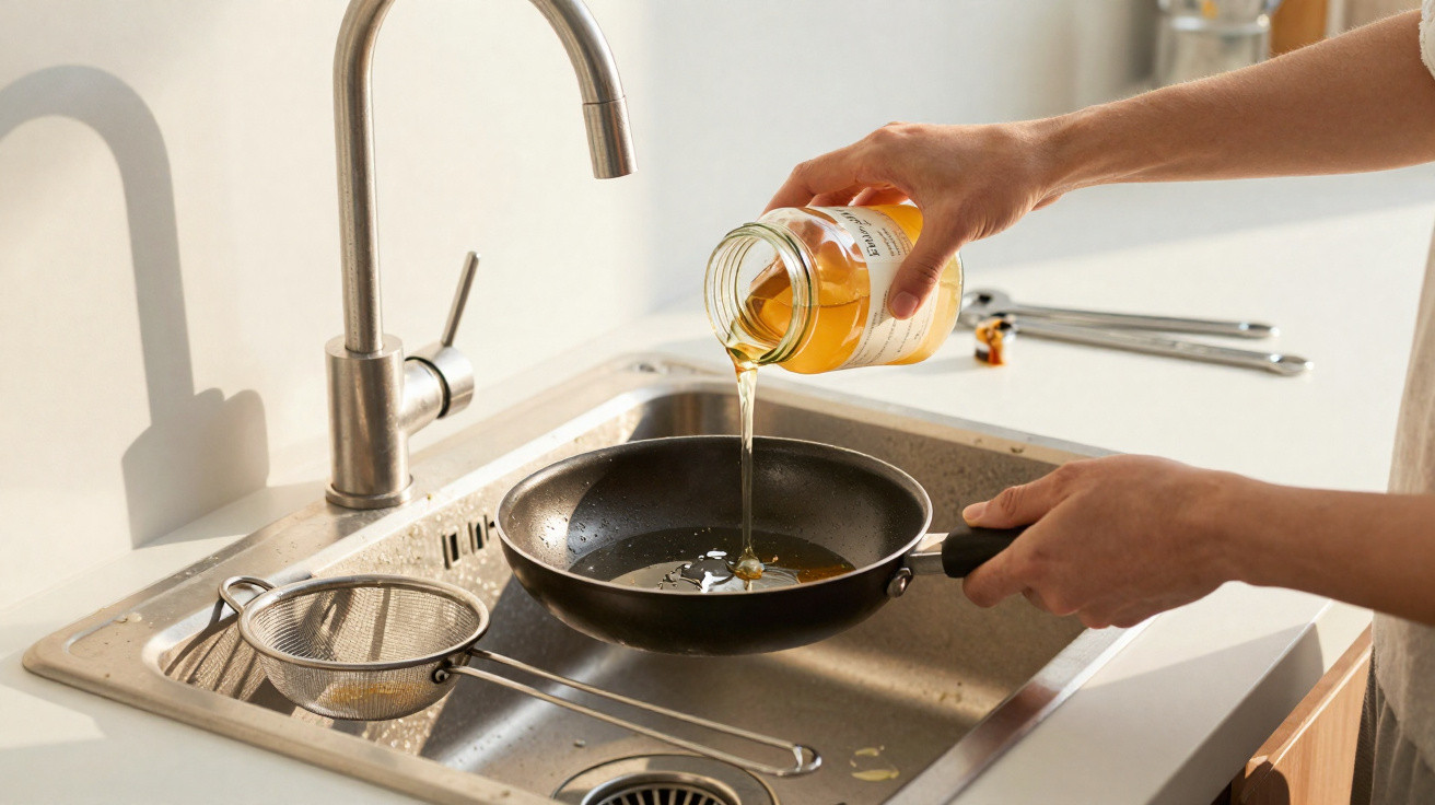 Pessoa a verter óleo de cozinha numa frigideira junto a uma pia de cozinha moderna.