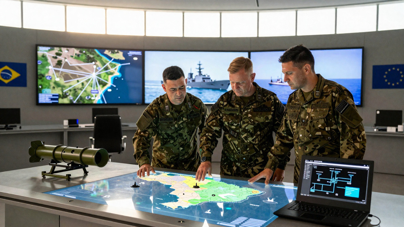 Três militares analisam mapa digital sobre mesa, com monitores de mapas e navios ao fundo.