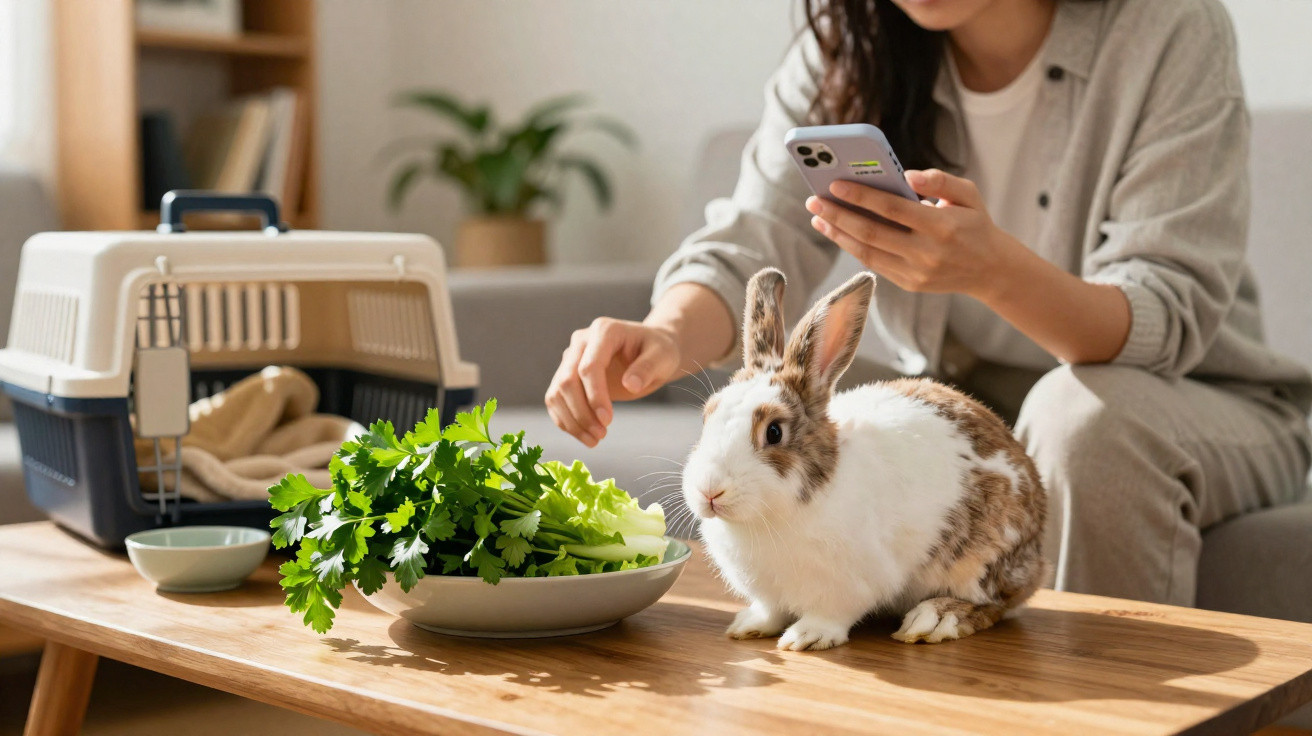 Coelho branco e castanho perto de prato com verduras, com mulher ao fundo a usar telemóvel e transportadora de animais.
