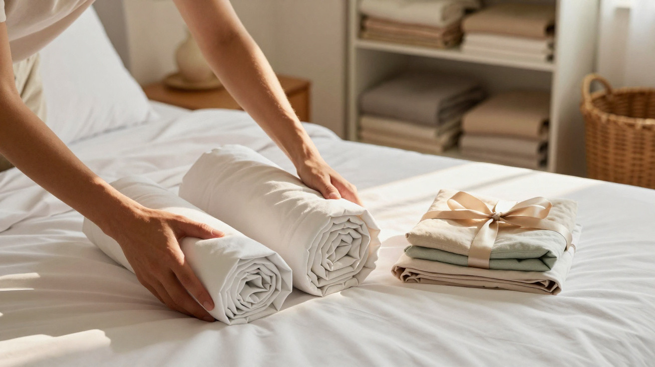 Mãos a organizar lençóis enrolados e roupa dobrada com laço numa cama branca, ambiente luminoso.