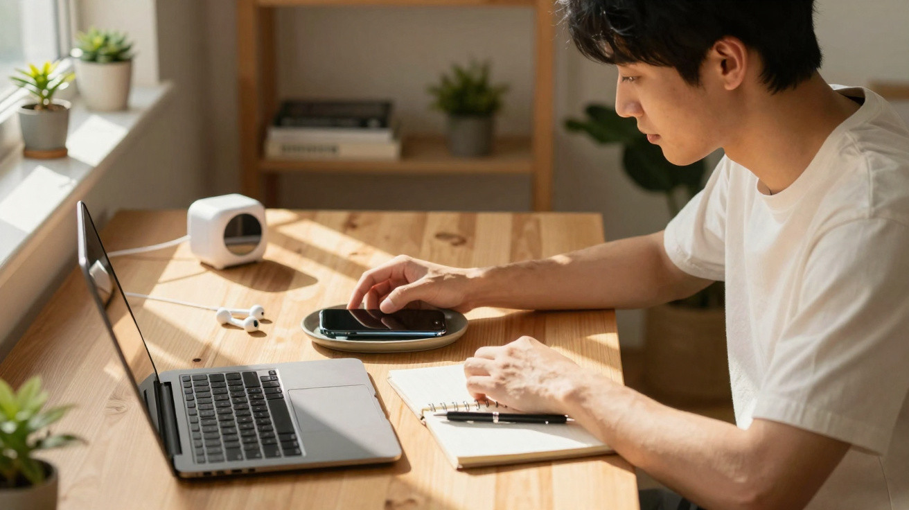 Homem a usar carregador sem fios para carregar smartphone numa secretária com portátil e bloco de notas.