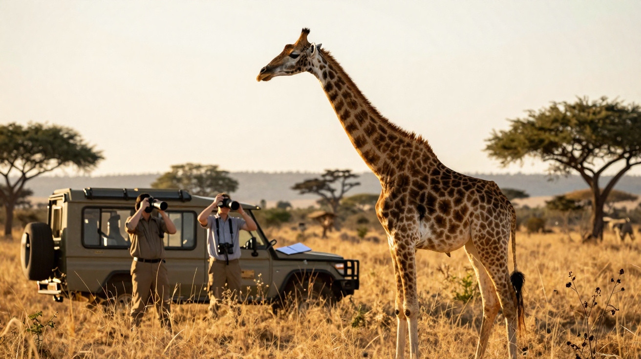 Girafa numa savana africana com dois observadores a usar binóculos junto a um jipe verde.